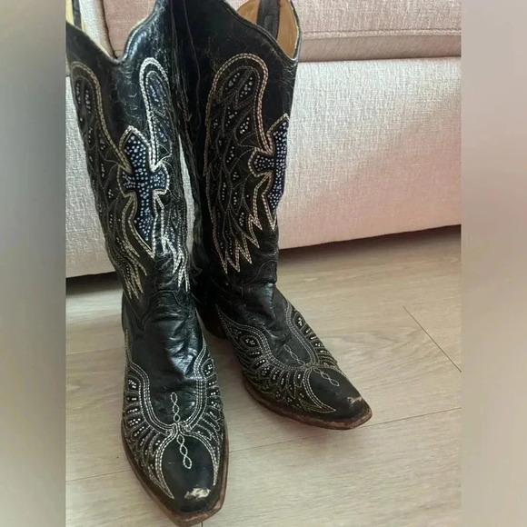 Corral Boots A2651 Black-Bone Wing & Cross Crystals Inlay - Picture 4 of 16